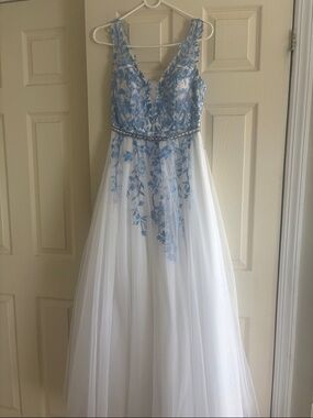 Blue & White Floral Embroidered Tulle Gown